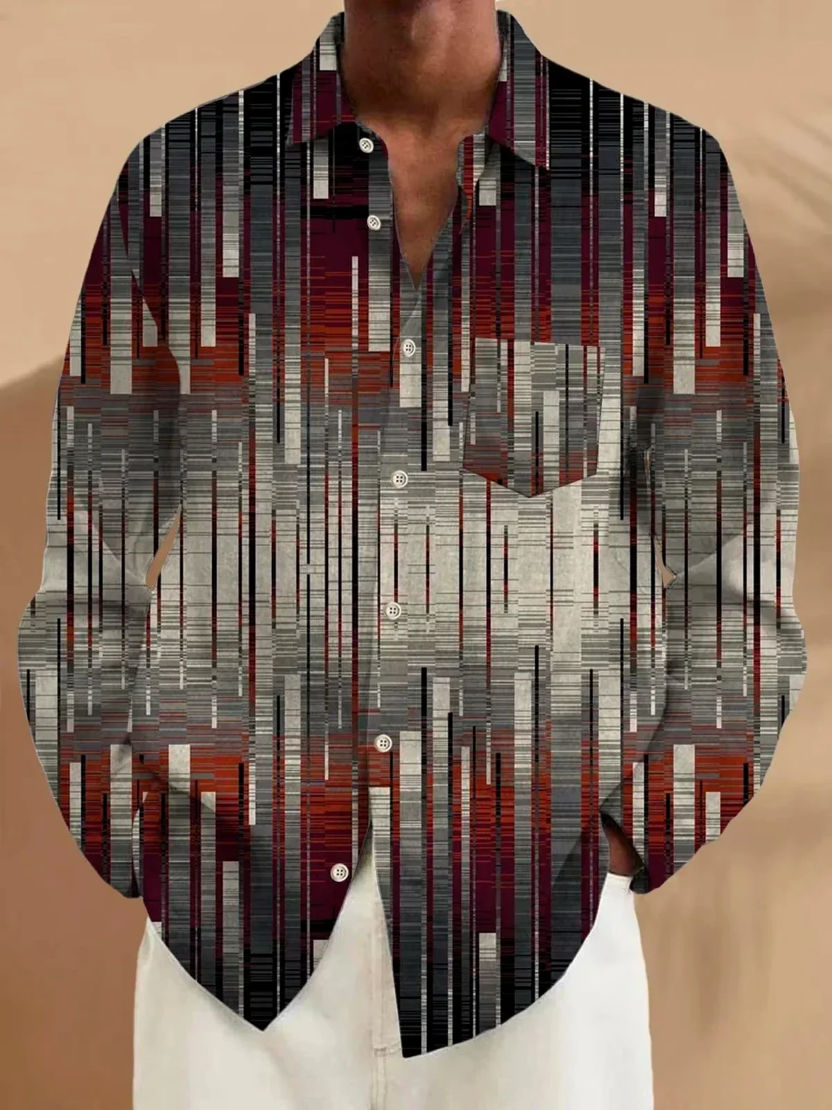 Men's Retro Geometric Graffiti Shirt 3D Digital Printi Fashion Statement Plaid Shirt Retro Print Long Sleeve Button Lapel Luxury