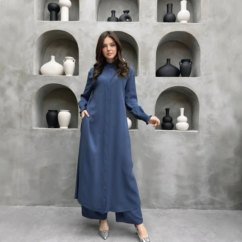 

Multi-button long-sleeved split-neck shirt casual straight-leg pants two-piece set fashionable simple and versatile temperament