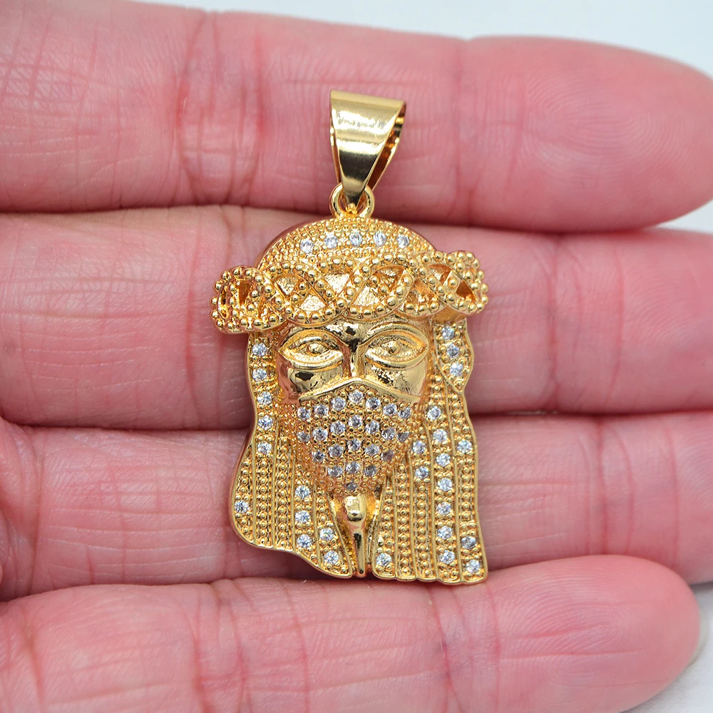 High Quality Gold Color Clear Cubic Zirconia Bling Mask Jesus Face Head Pendant Jewelry