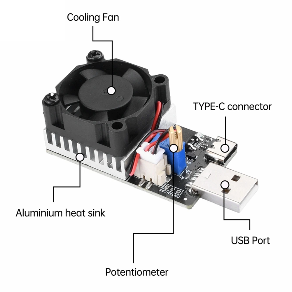 Y06A DC 3.7-20V 3A 25W Tester obciążenia Elektroniczny moduł rezystora testowego Interfejs USB i typu C Regulowany stały prąd