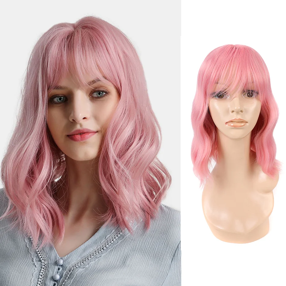 Short Wavy Bob Wigs for Women Ombre Brown Pink Bob Synthetic Wig with Bangs for Girl Daily Cosplay Heat Resistant Synthetic Wig