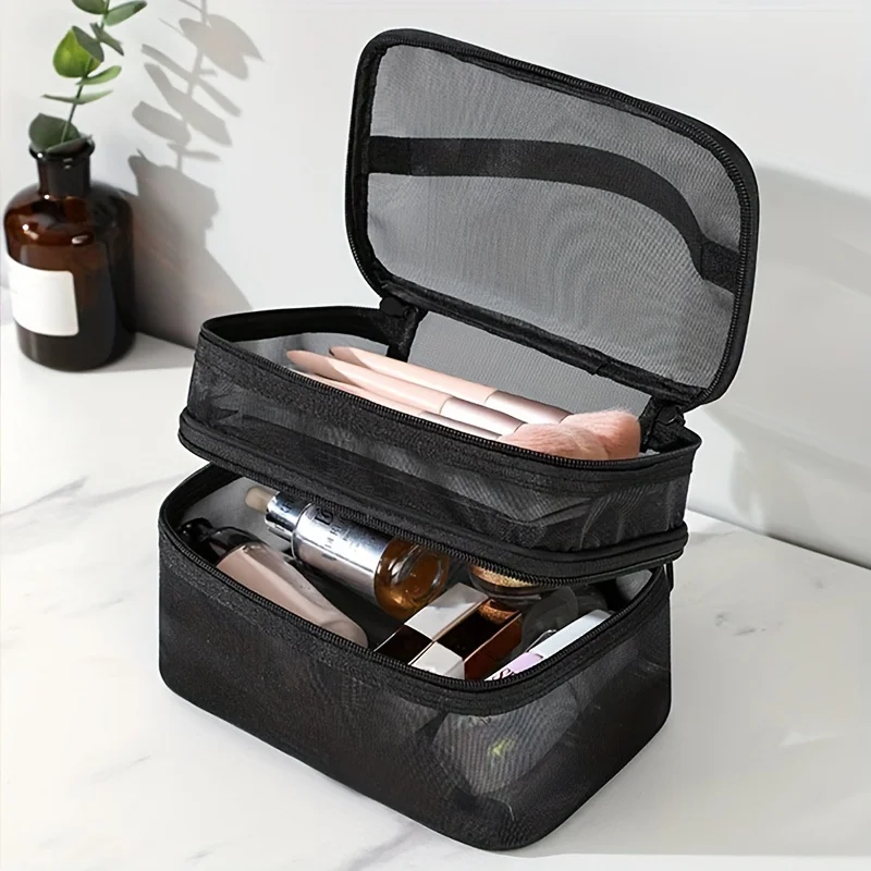 Borsa da toilette per borsa cosmetica a doppio strato, borsa da viaggio per cosmetici in rete, Organizer per trucco di grande capacità con manico