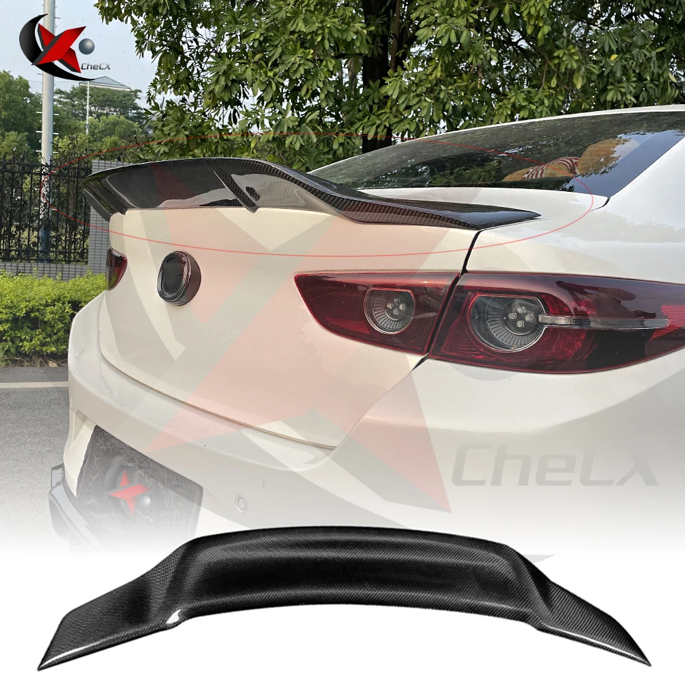 For 2020 2021 2022 2023 Mazda 3 Sedan Car Rear Trunk Real Carbon Fiber Spoiler Wing Lid Rear Tail Lip kit Glossy Black R Style