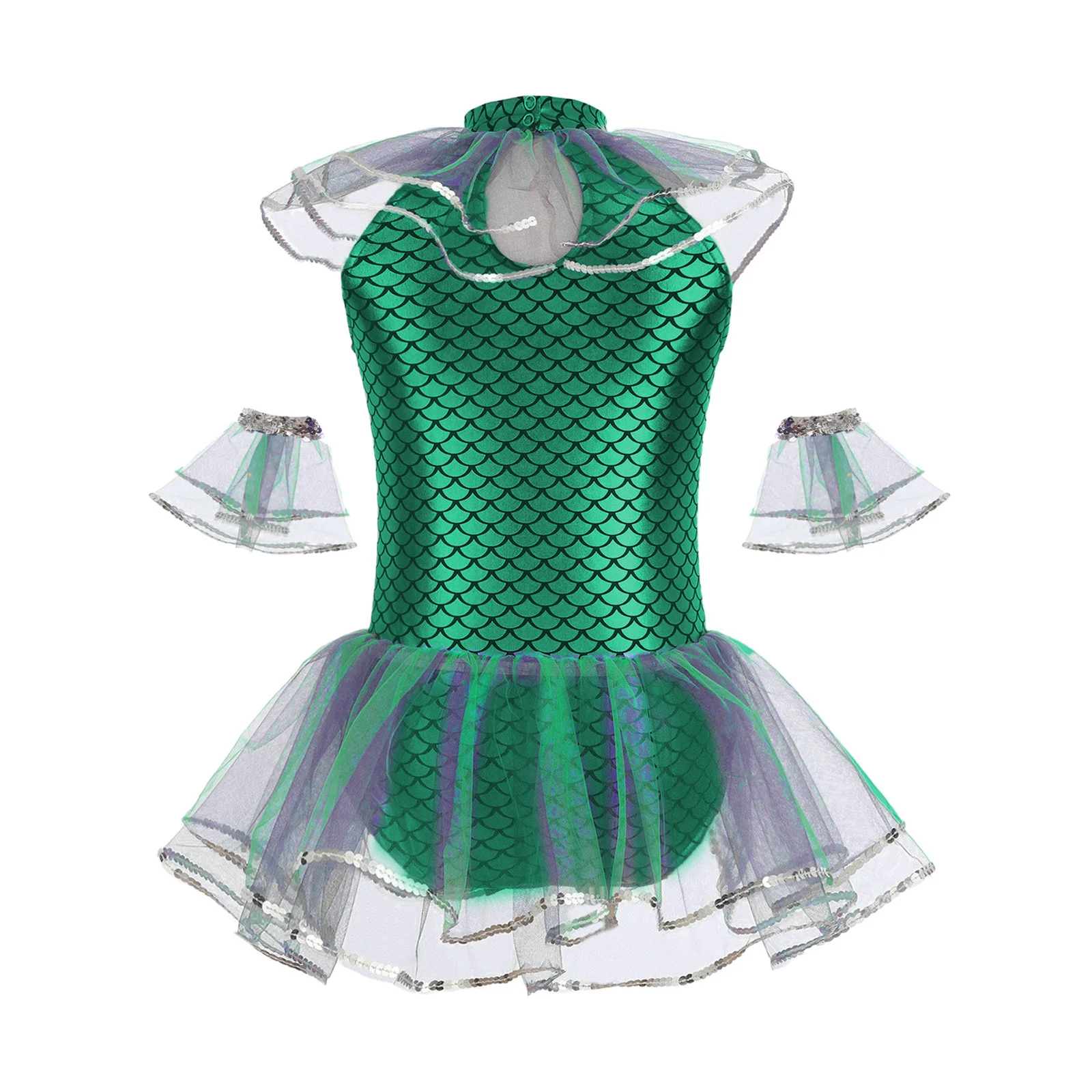 Kids Girls Mermaid Fish Scales Print Jumpsuit Ballet Dance Jersey Figure Skating Gymnastics Leotard Sleeveless Mesh Bodysuit image 4