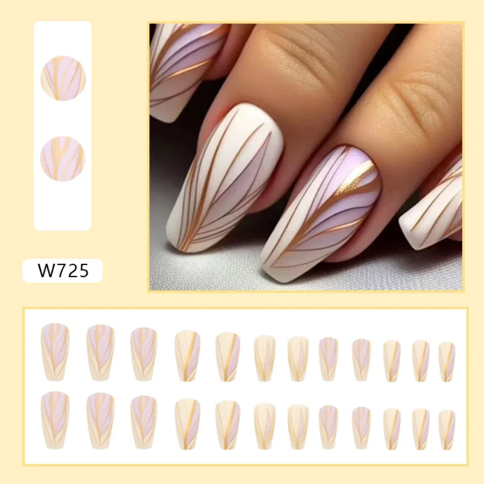 24Pcs Medium Long Ballet Fake Nails Art Flat Head Gold Line Frosted False Nails Press on Full Cover Removable Stick on Nail Tips