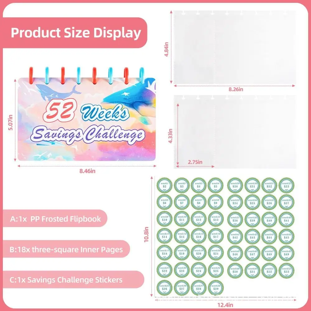 52 Weeks Savings Challenge Notebook Colorful Loose Leaf Budget Binder Planner Weekly Multi Pockets Cash Envelope Saving Binder