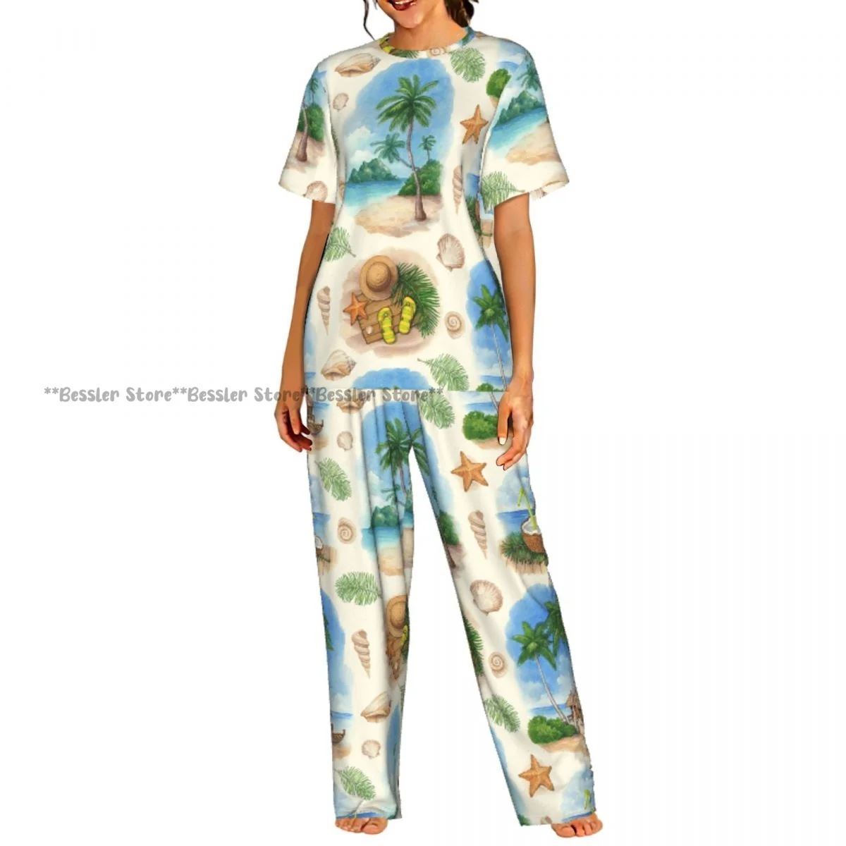 

Женская комфортная пижама с коротким рукавом, комплект для сна с акварельным принтом «Тропический рай»