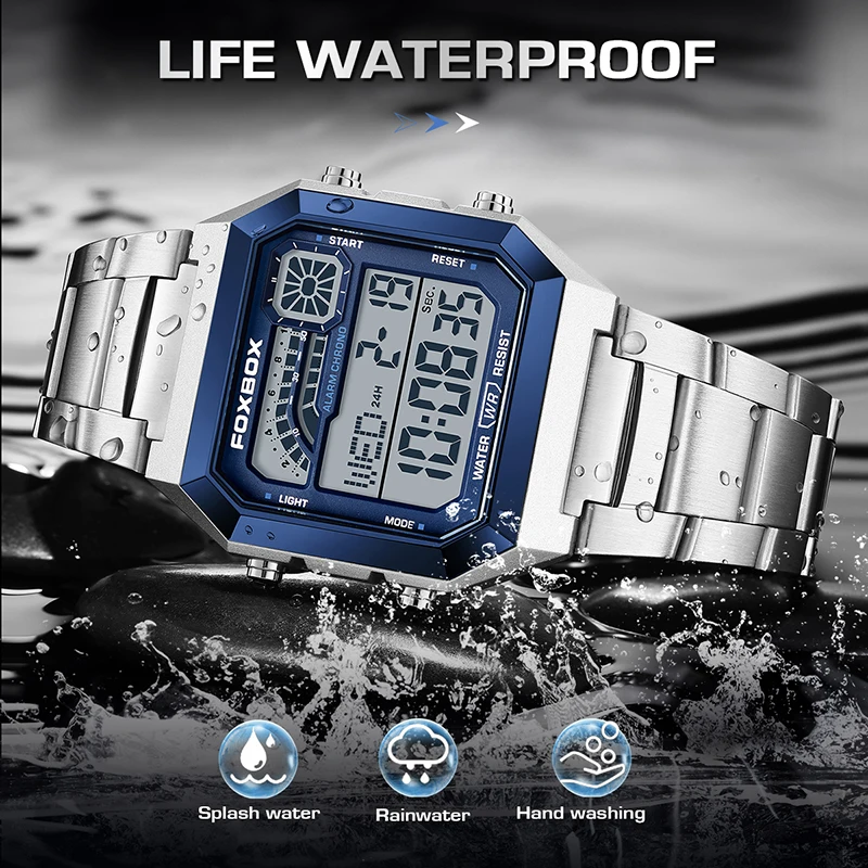 FOXBOX LED Display Mens Watch Fashion Sport Digital Watches Men Casual Waterproof Stainless Steel Quartz Wristwatch Reloj Hombre