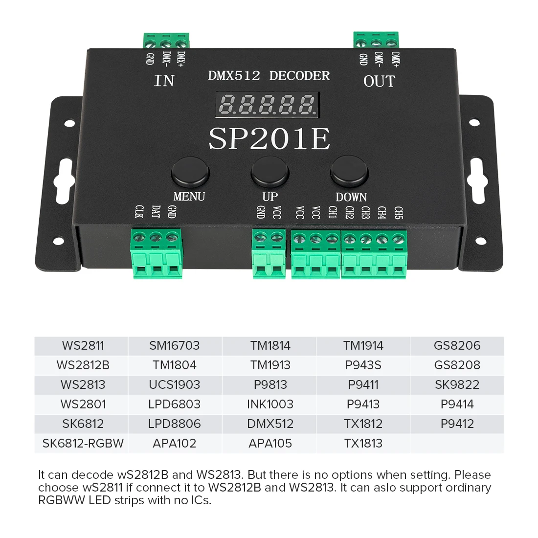 SP201E DMX512 LED Decoder Controller 5CH PWM SPI Pixels LED Light Strip SK9822 WS2812B WS2811 5050 RGB RGBW CCT FCOB DC5V-24V