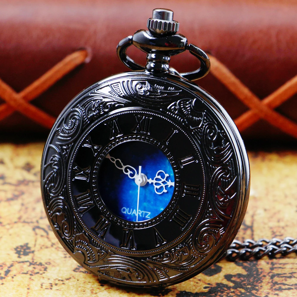 New Fashion Art Star and Moon Pattern Blue Starry Sky Necklace FOB Chain Quartz Pocket Watches Steampunk