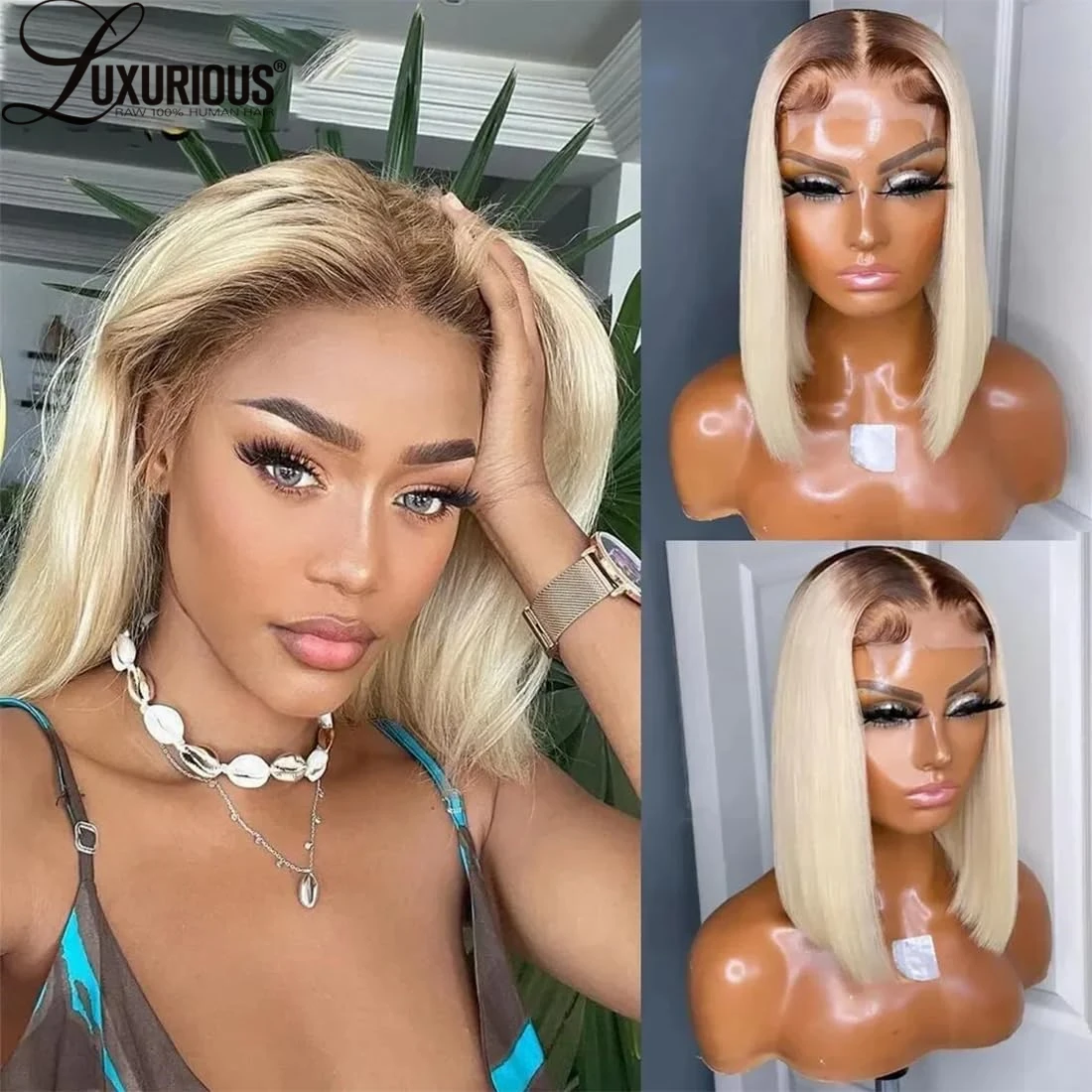 

#4/613 Blonde Short Bob Human Hair Wigs With Dark Brown Roots Ombre 13x4 Lace Front Wigs Human Hair Pre Plucked With Baby Hair