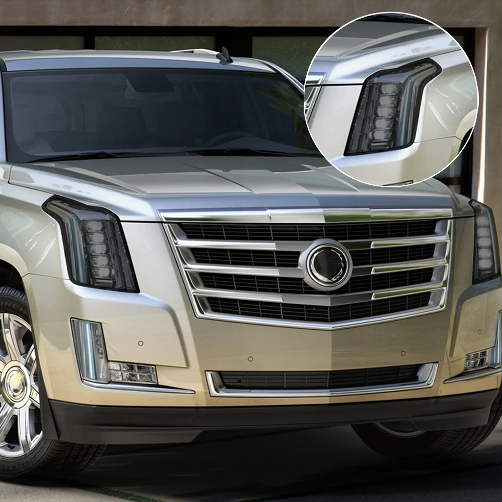 High-Gloss Smoke Black TPU Headlight Protective Film for Cadillac Escalade /IQ Pre-Cut PPF Anti-Scratch Vinyl Wrapping Kit