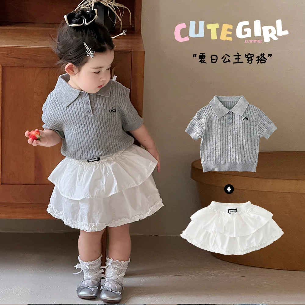 

2026 New Baby Girls Summer Turn Down Collar Short Sleeve Twist Knit Tops Korean Style Soft Breathable Toddler Kids Daily Wear