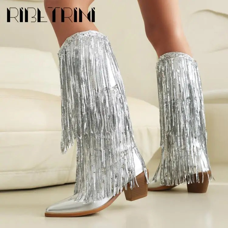 Glitter Shiny Fringe Women Western Boots Slip On Mid Calf Chunky Block Heels Shoes Sexy Elegant Party Nightclub Luxury Boots