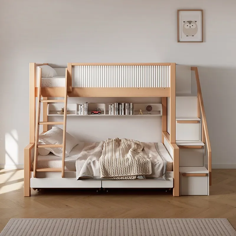 for Children Solid Wood Bunk Bed High Low Siblings Two Layer Mother Child Bed with Ladder Cabinet Simple Upper Lower
