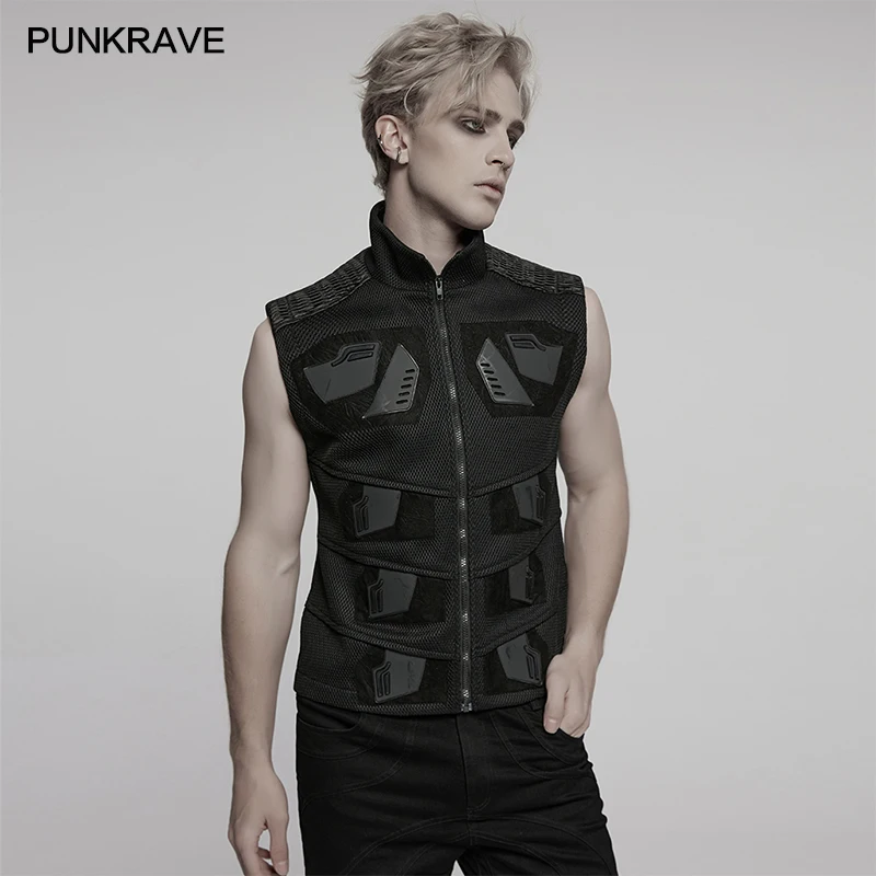 PUNK RAVE Men's Cyberpunk Handsome Stand Collar Vests 3D Segmentation Futuristic Symmetrical Beauty Personality Casual Waistcoat
