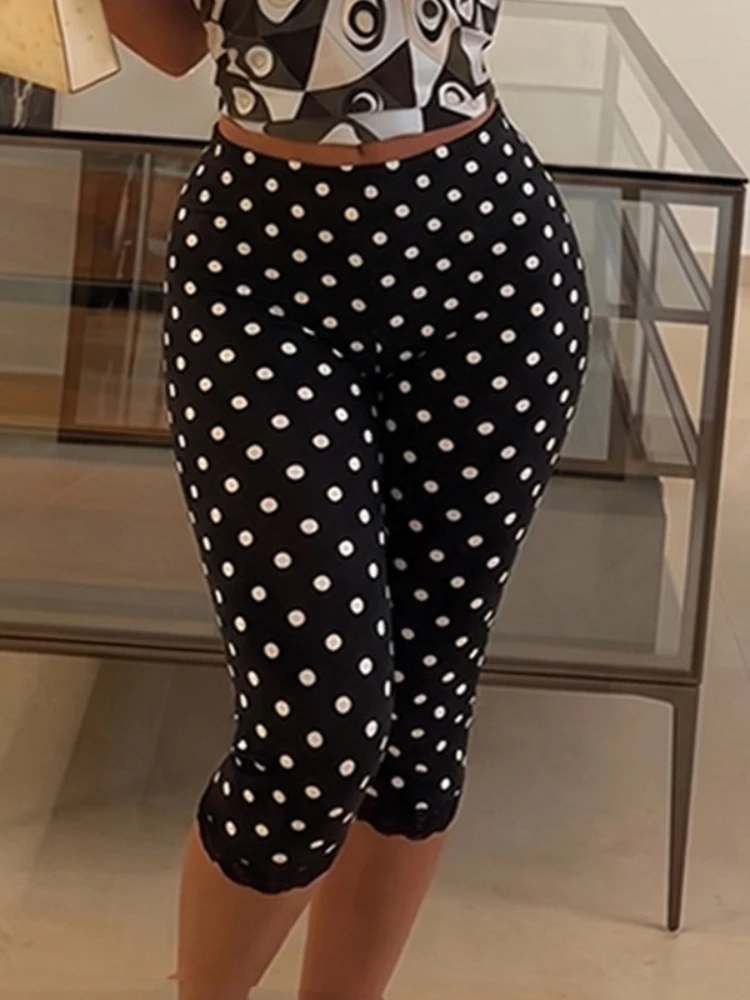 

Foamlina Women's Black Polka Dot Capri Pants with Lace Trim High Elastic Waist Slim Leggings for Summer Casual & Party Wear