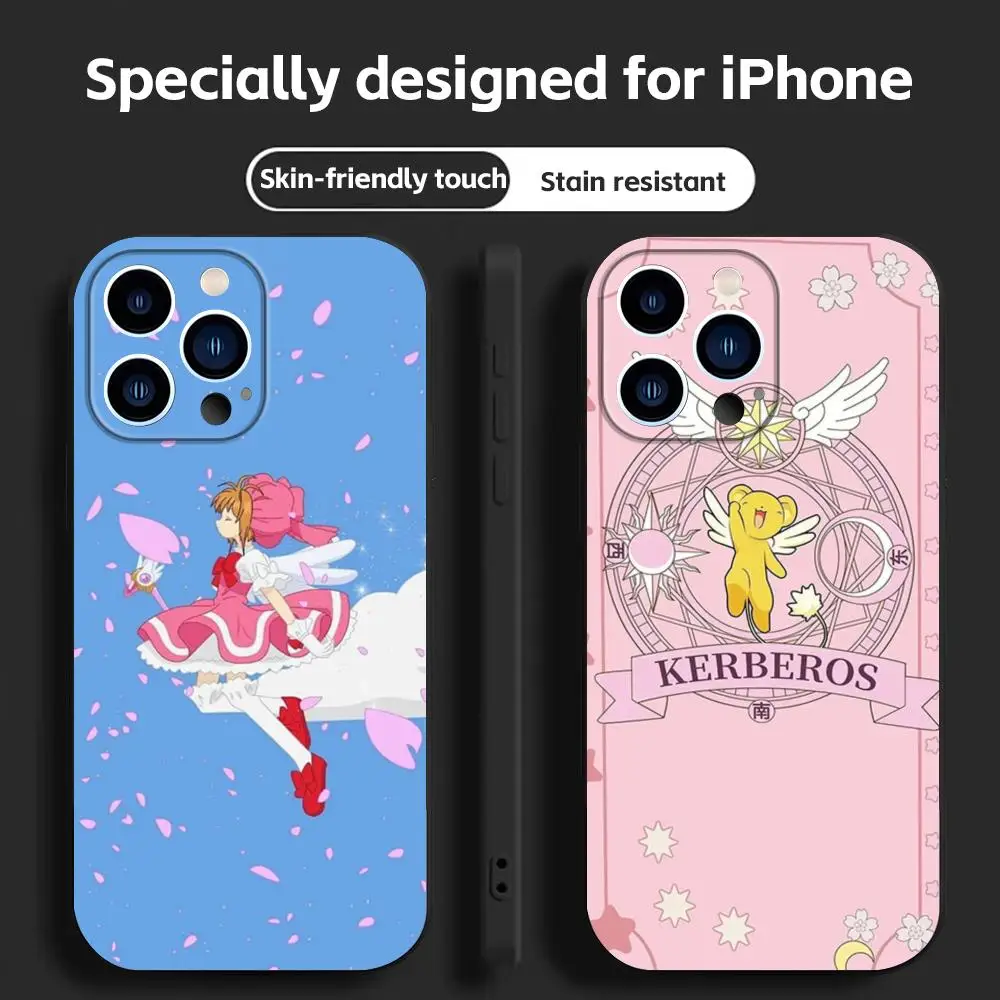 Чехол для телефона Cartoon Card C-Captor S-Sakura для iPhone 16, 16e, 15, 14, 13, 12, 11 Plus Mini Pro Max, мягкий черный противоударный чехол