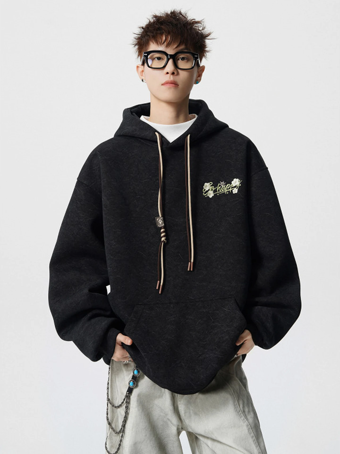 

Heavyweight Sand Waed Embroidered Hoodie Men's Autumn Winter Thiened Fce Lined Loose Fit New Sle Cotton Polyester Bl...