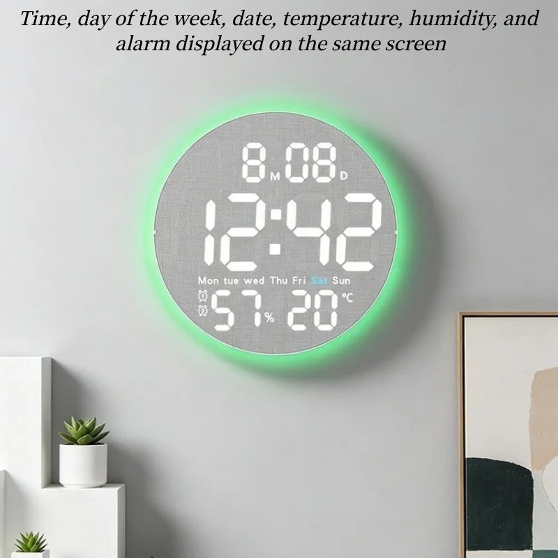 10 Zoll Digitale Wanduhr mit Fernbedienung, 9 Farben Stimmungslicht, Datum, Temperatur, Luftfeuchtigkeit, Timer, automatische Dimmung, LED-Wecker für Fitnessstudio und Yoga – Detail 6