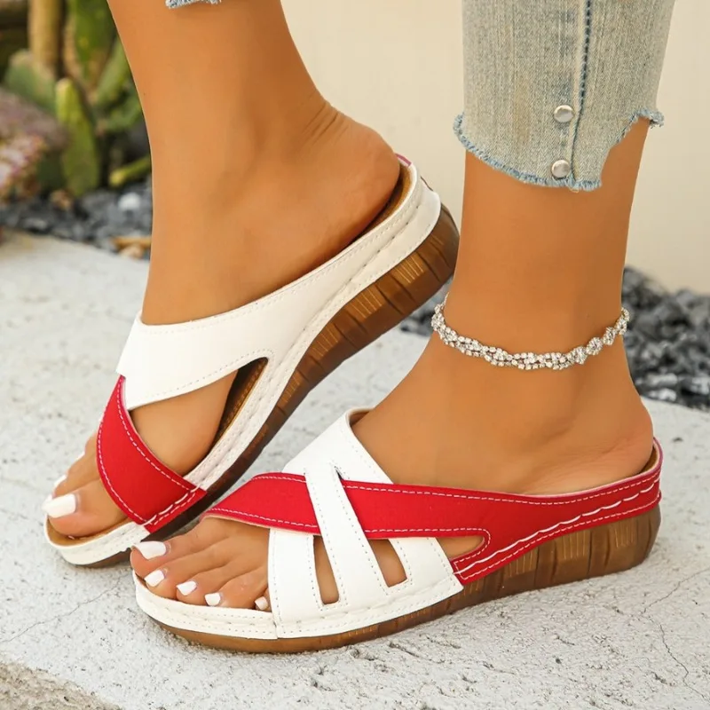 Women Color Contrast Cross Strap Wedge Slide Sandals Open Toe Slip On Platform Mules For Summer Casual Wear