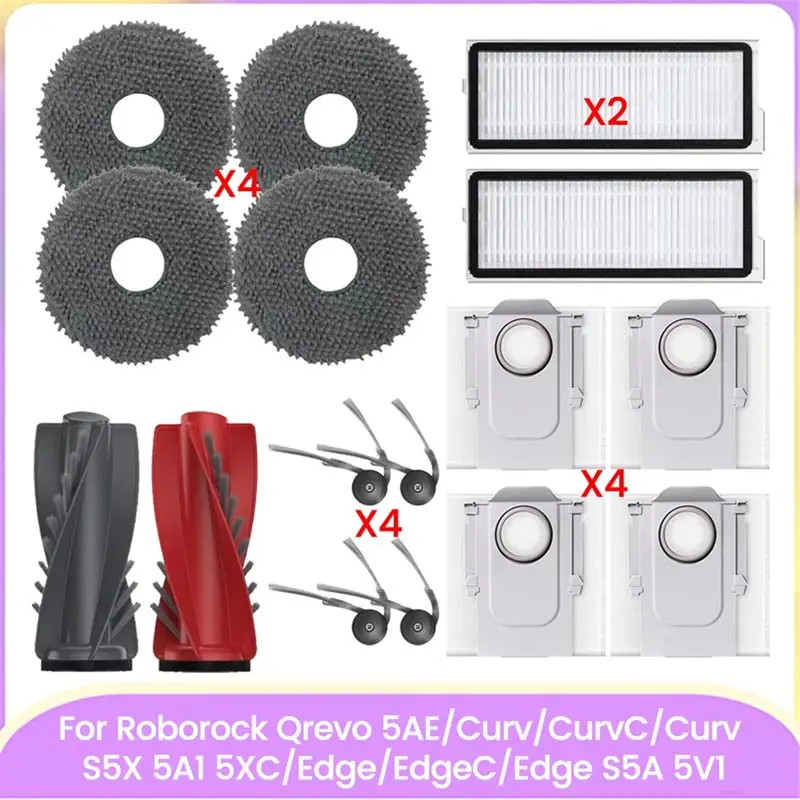 TCF Accessories Kit for Roborock Qrevo for Edge S5A, Main Side Brush Hepa Filter Dust Bag Mop Cloth Replacement Parts