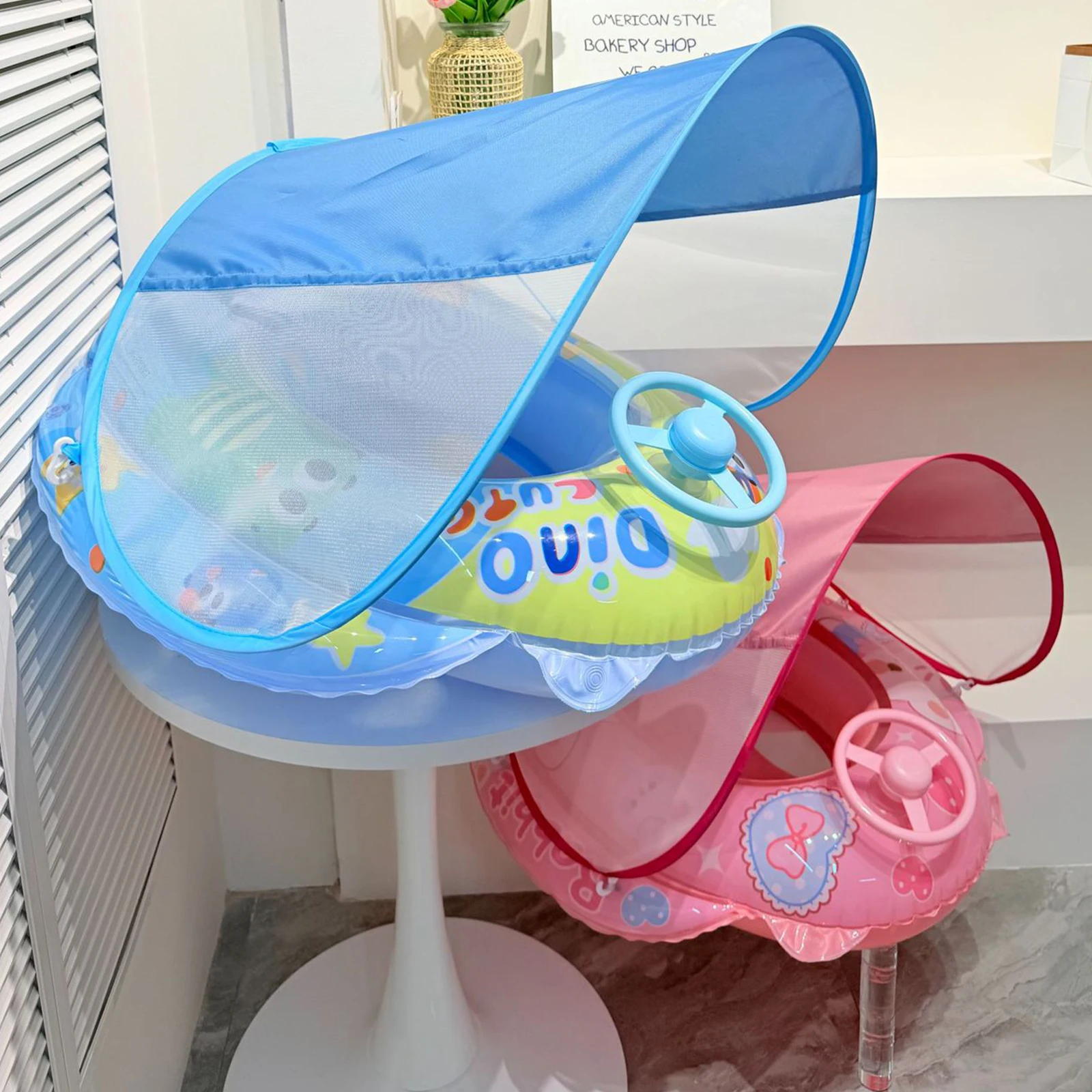

PVC Inflatable Toddler Floaties with Canopy and Anti-Tip Seat Upgraded Inflatable Baby Pool Float Leak-proof with Steering Wheel