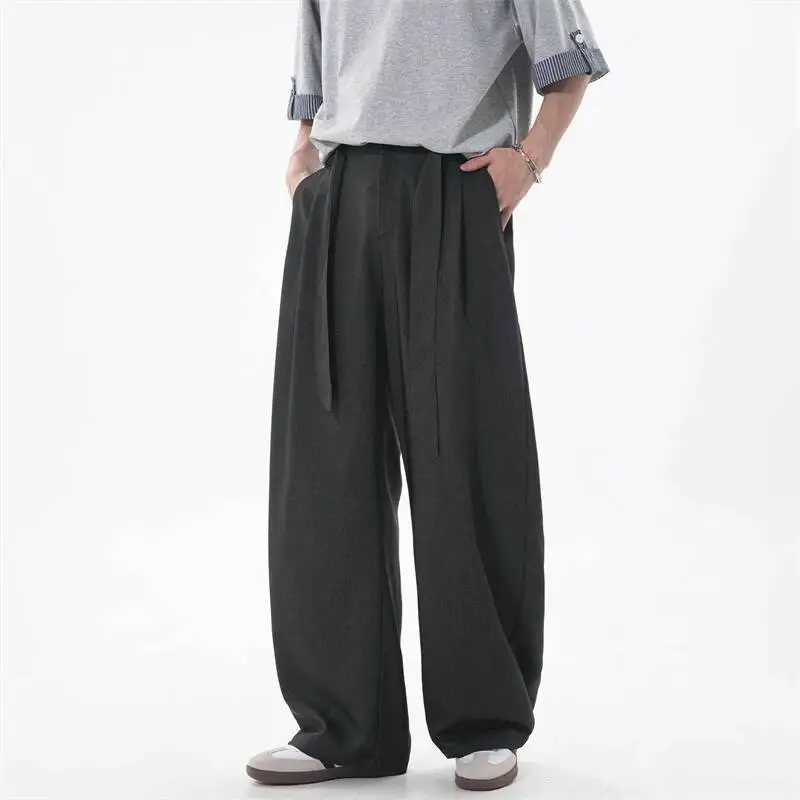IEFB Avant-Garde  Faux Denim Men's Pleated Pants Sash Detail Loose Wide Leg Casual Tie Design Suit Trousers Summer New 9X3196