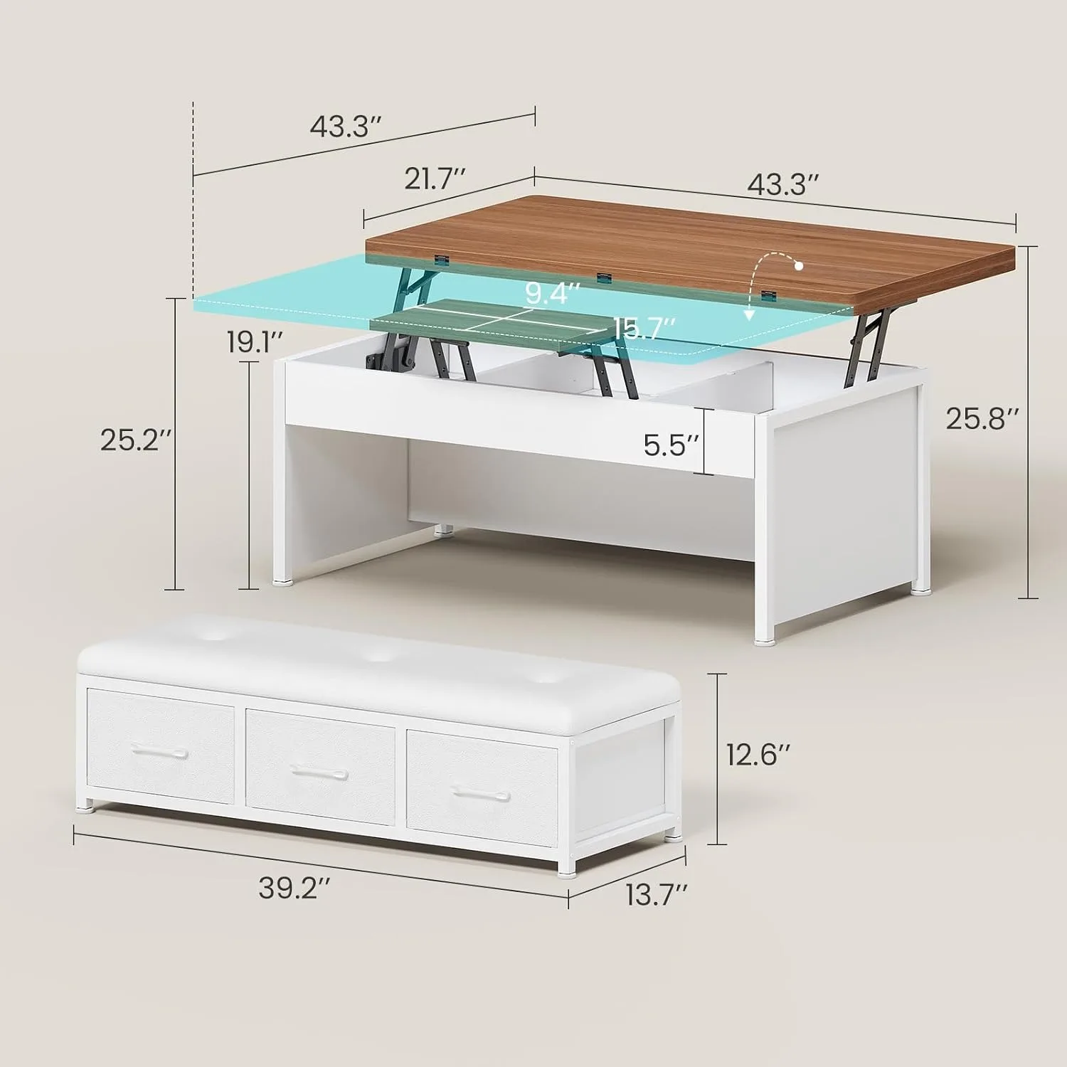 Lift Top Coffee Table Set, 43'' Multi-Function Coffee Table with Storage Drawers and Hidden Compartment, Center Table with Ottoman Bench for Living Room, White