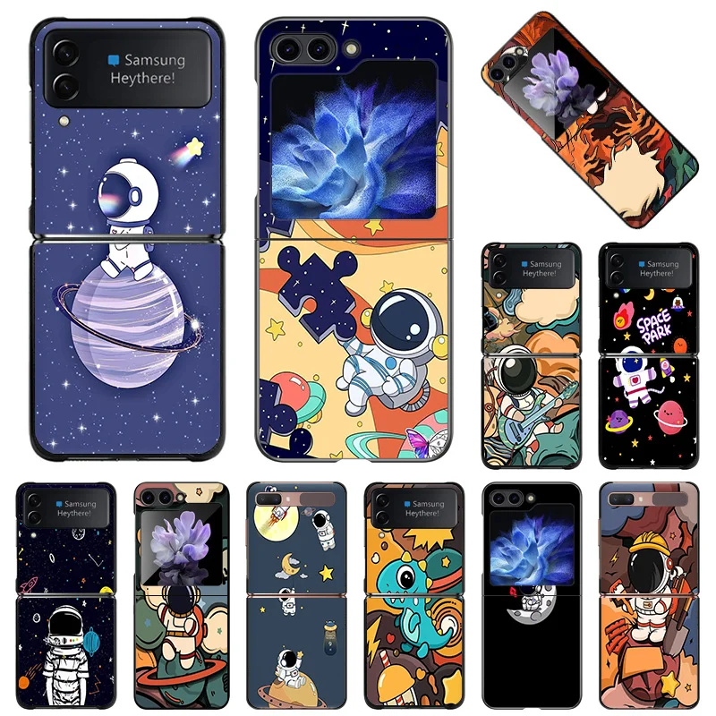 For Samsung Galaxy Z Flip6 Flip5 Flip3 Flip4 Cute Moon Astronaut Rocket Hard Black Shockproof ZFlip6 5G Phone Shell Case Cover