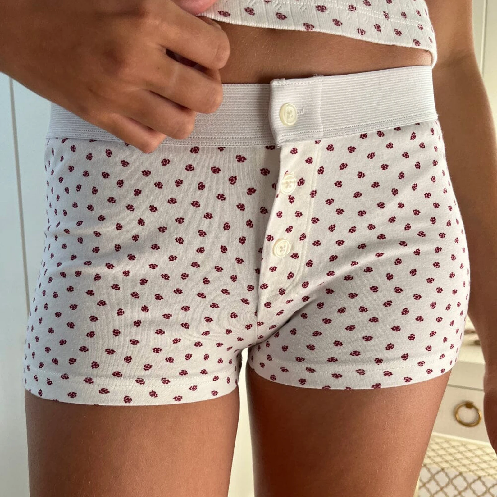 Combhasaki Pantalones cortos Y2K con botones delanteros elásticos anchos y bajos para mujer, informales, con estampado floral/rayas, ajustados, para salir