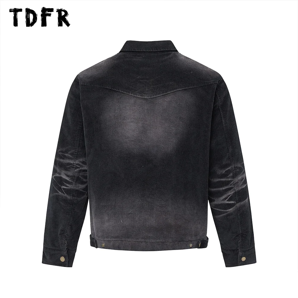 Corduroy Washed Distressed Jacket Mens Retro Streetwear Autumn Winter Fleece Long Sleeve Loose Lapel Thick Outerwear Men