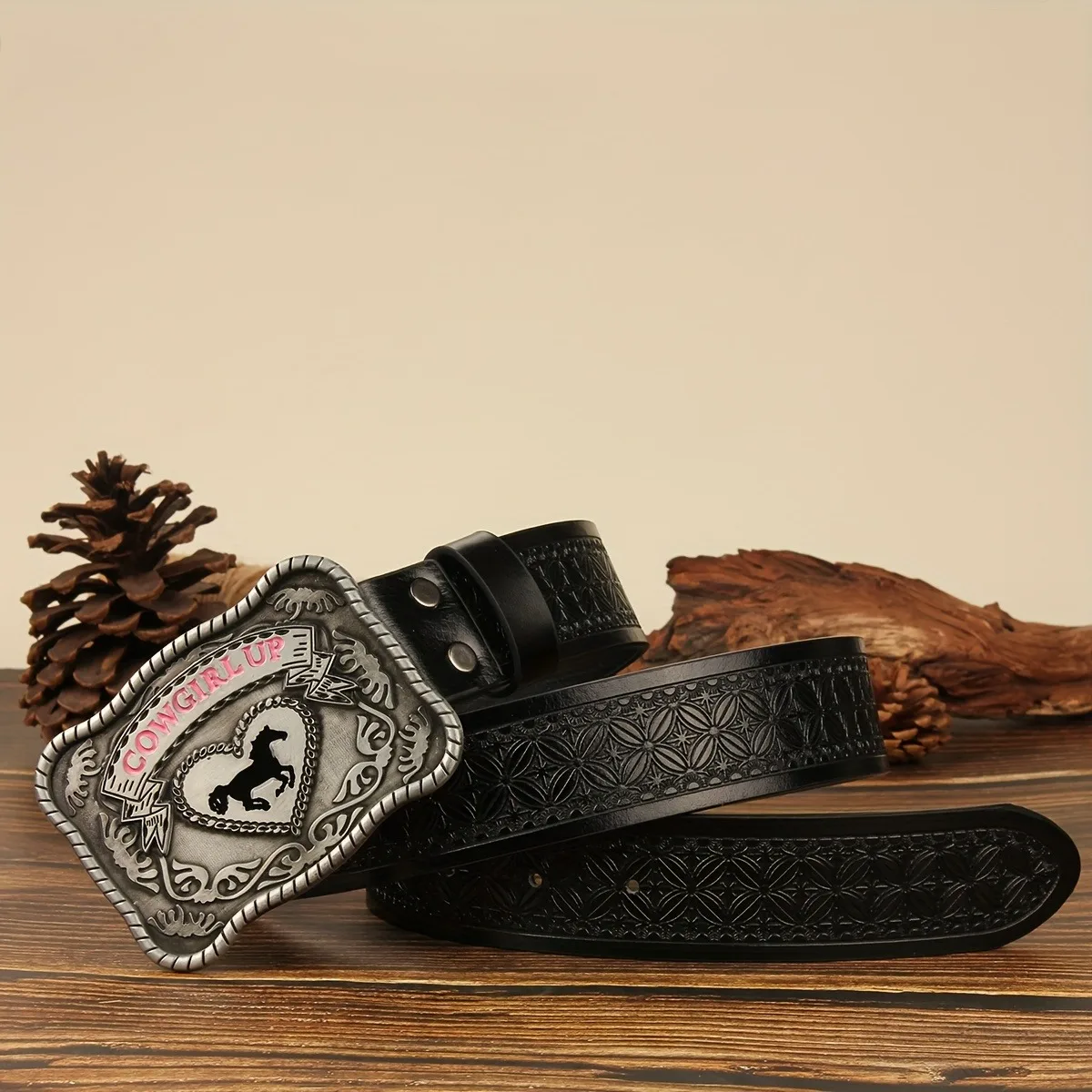 American Western Cowboy Style PU Belt Cowgirl Up Heart Horse Square Buckle Vintage Carved Embossed Street Personalized Decorative Belt