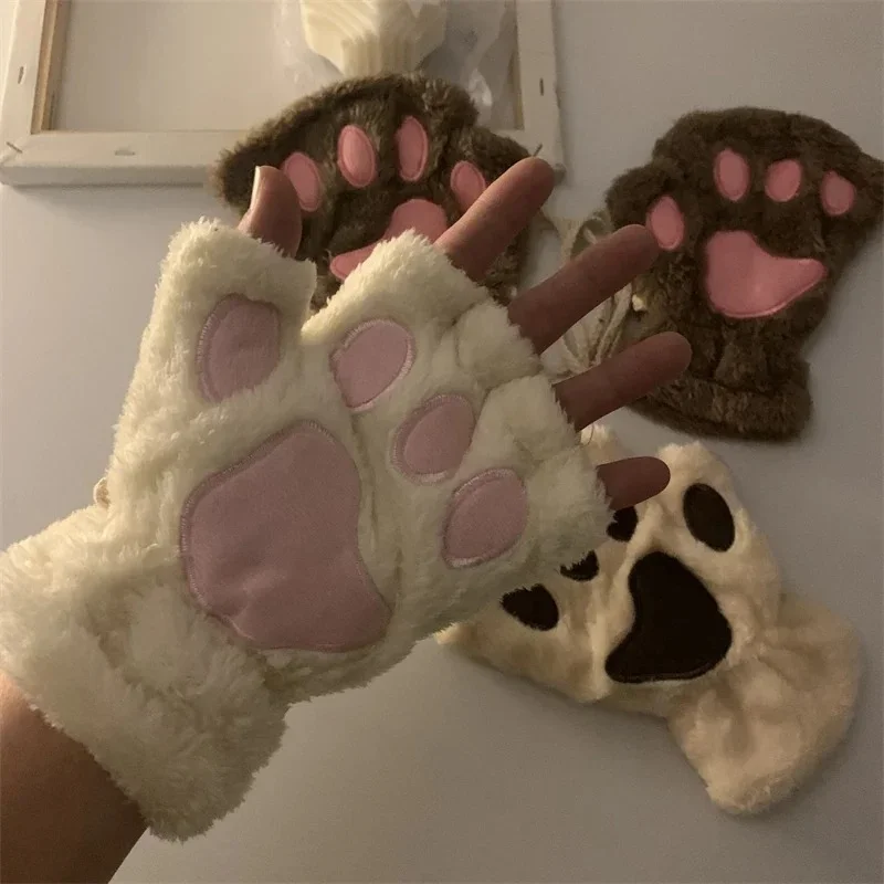 2pcs Cute Cat Claw Paw Plush Mittens Hairband Warm Soft Plush Short Fingerless Fluffy Bear Cat Gloves Costume Half Finger Gift