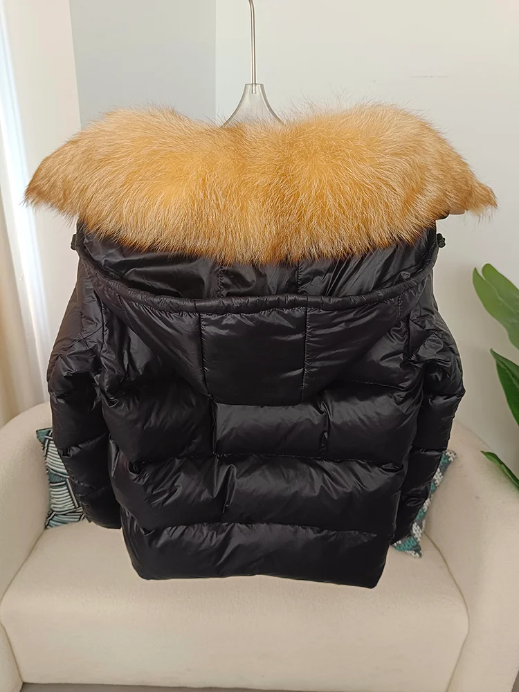 OFTBUY Echter Fuchspelzkragen mit Kapuze Winterjacke für Damen aus weißem Entenfedermaterial, kurz geschnitten, schwarz-gold, dicker warmer Mantel, luxuriöse Oberbekleidung. – Detail 3