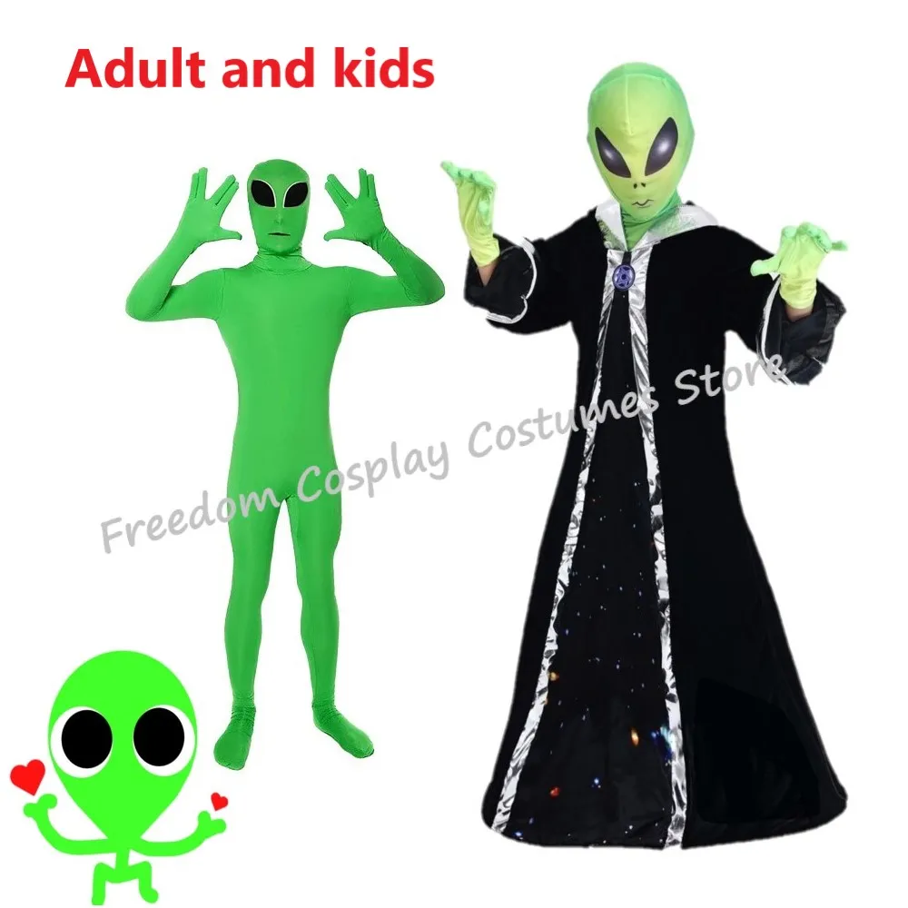 

Adult Kids ET Alien Cosplay Costume Zentai Jumpsuits cloak Green Alien Mascot Halloween Carnival Party Masquerade Bodysuit Suit