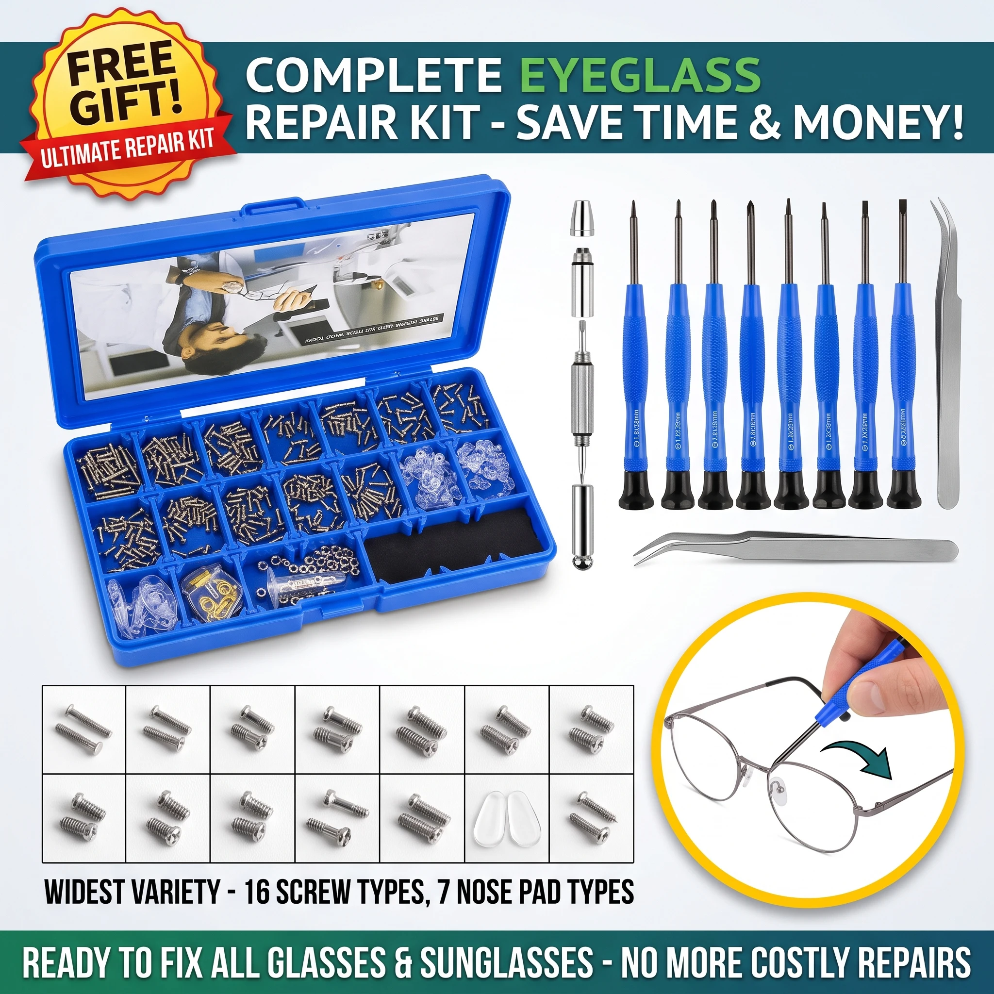 Eyeglass Repair Kit with Screws Nose Pads Precision Screwdrivers Set Eyeglasses Sunglasses Watch Clock Fix Tool Box