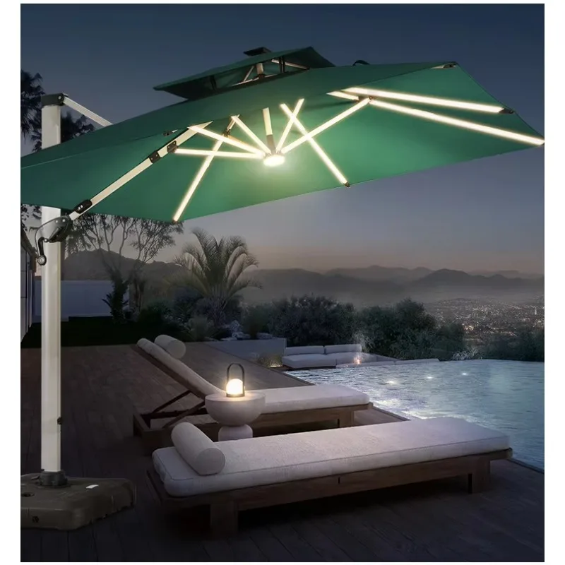 ร่มกันแดดกลางแจ้งแบบคานยื่น ขนาด 3.0 ม. x 3.0 ม. พร้อมไฟ LED และผ้าคลุม - ฐานหินอ่อน/ฐานถังน้ำ