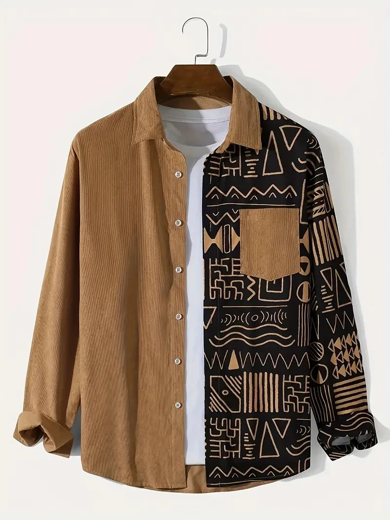 New Men Long Sleeve Shirt Ethnic Geometric Patchwork Print Turn Down Collar Casual Button Daily Tops Men's Clothing