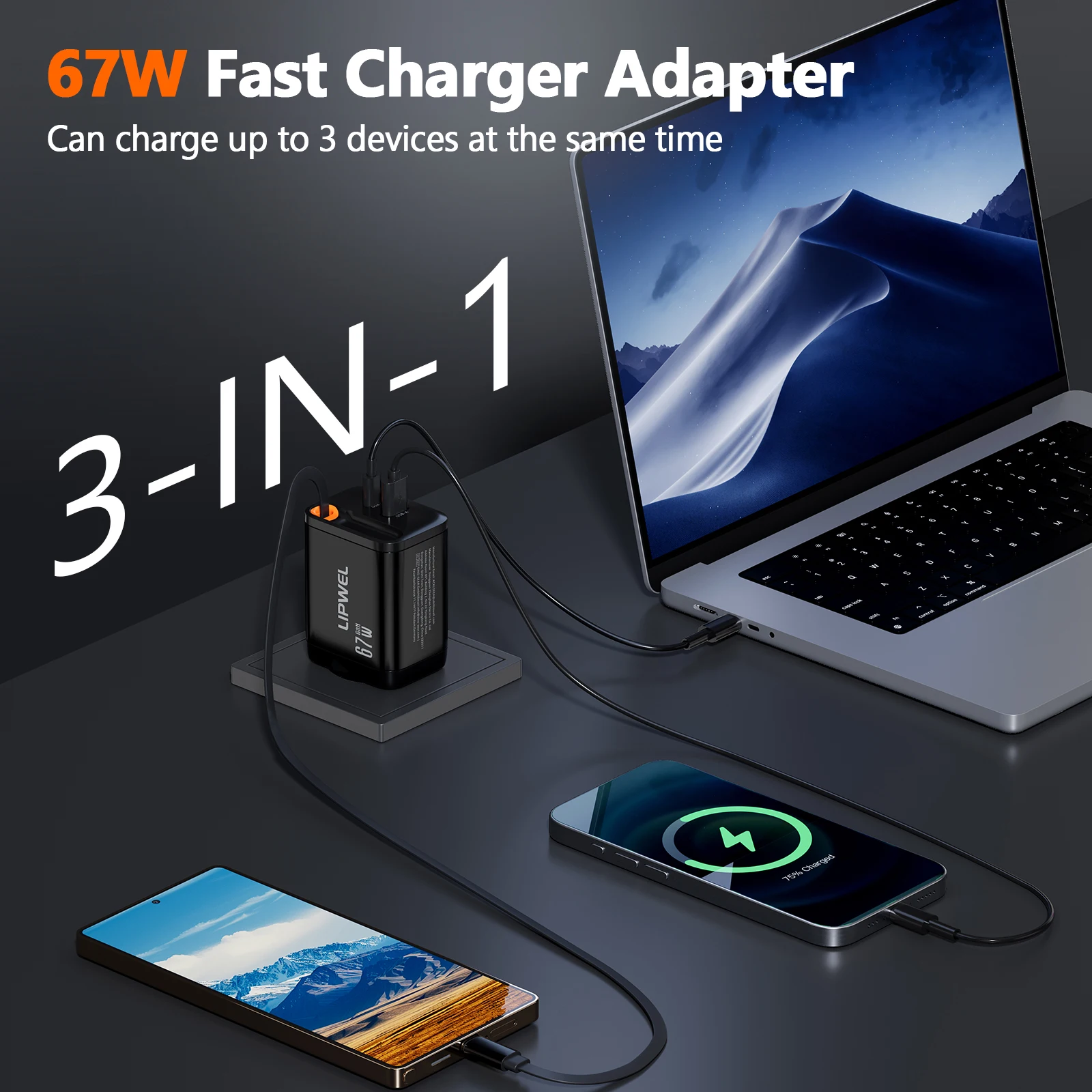 EU 67W 3-in-1 Fast Charging Charger with Retractable USB-C Cable Compact Portable Device Includes 1 USB-C & 1 USB-A Port