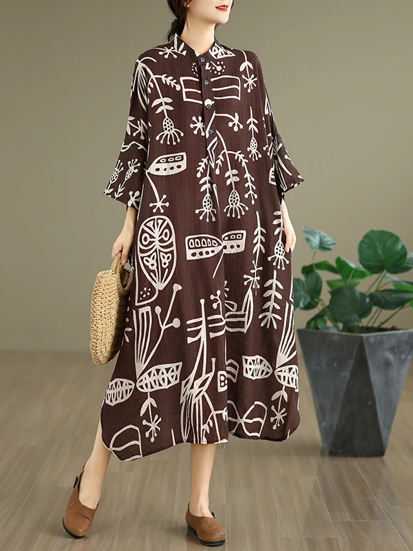 Rétro coton lin imprimé col montant ample longue été Dr t-shirt bouton vacances Dr trajet Sle H pe décontracté Dr