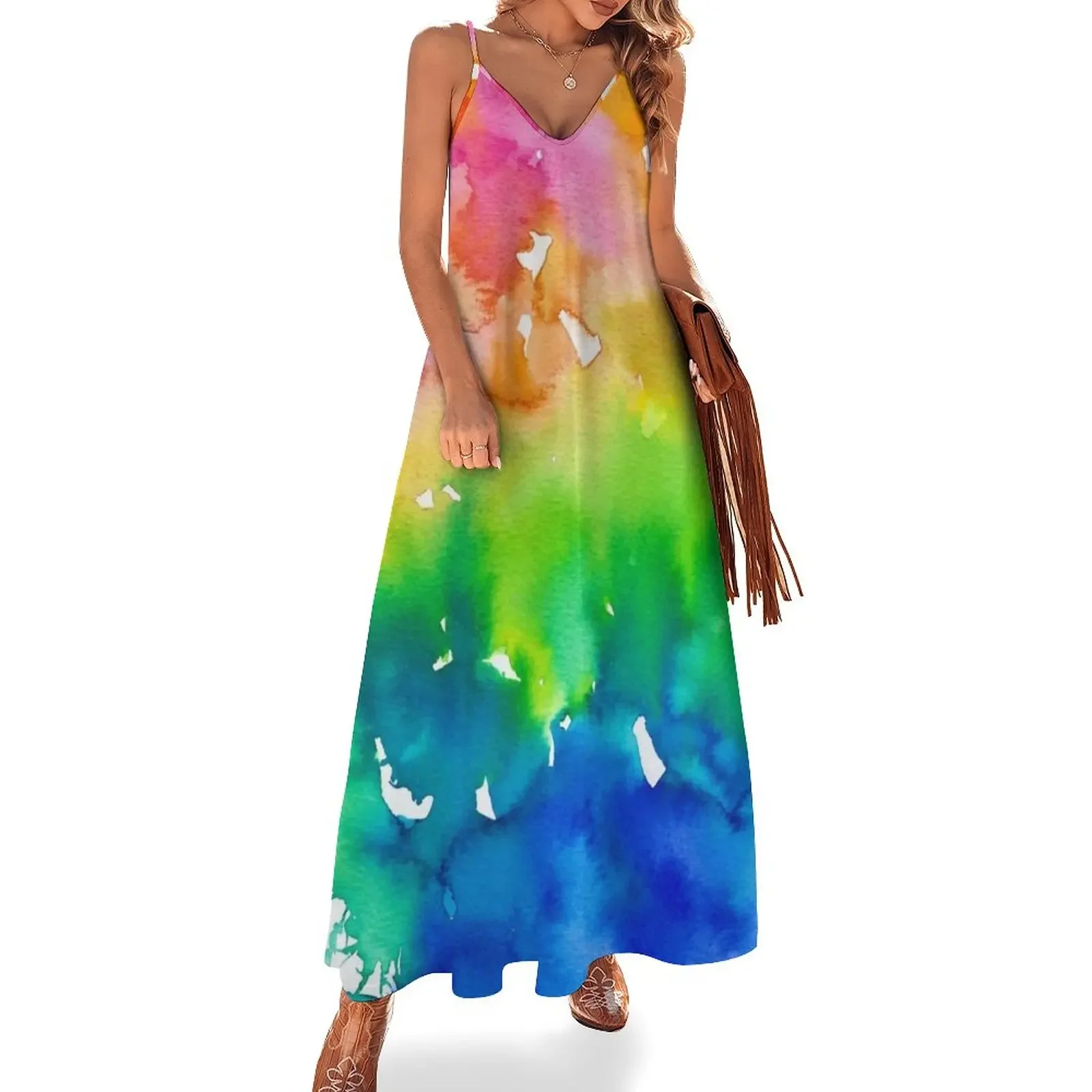 

Rainbow Watercolor Paint Splash Art Sleeveless Dress dresses summer woman 2024 Dresses for wedding party Dress