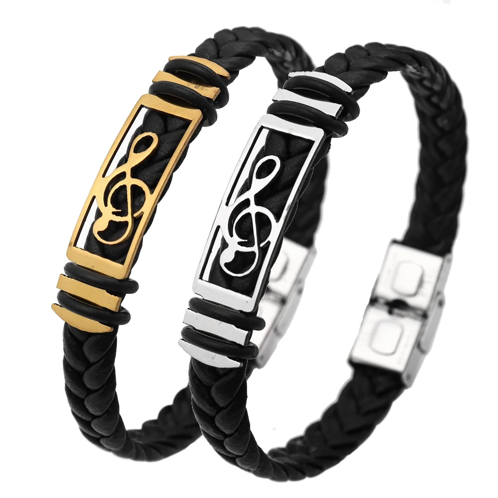 New Vintage Metal Music Symbols Braided Leather Rope Bracelet Fashion Men's Premium Leather Bracelet Gift Wholesale