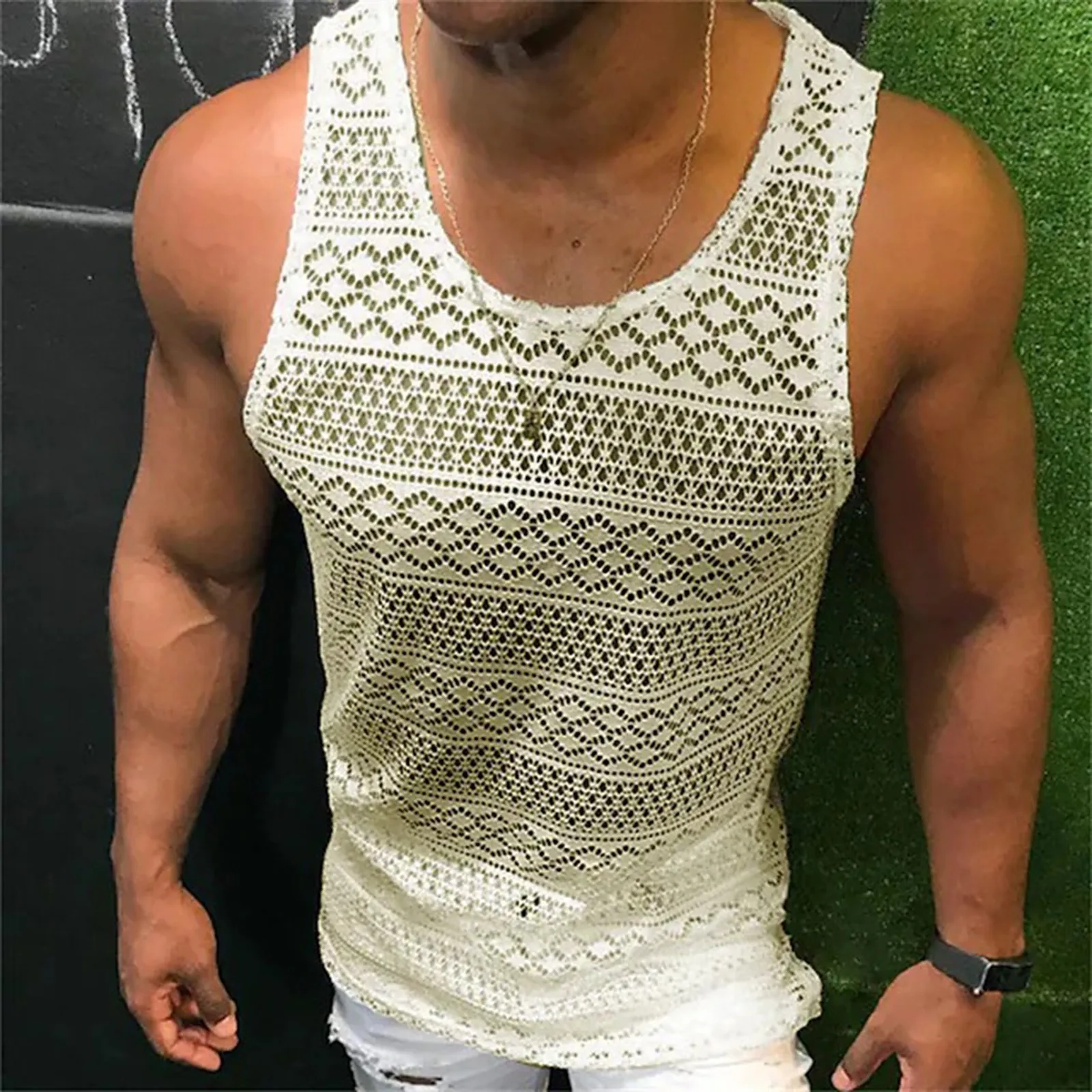 Men\'s Tank Top Hollow Breathable Vest Summer See Through Vest Crewneck Sleeveless Tank Tops Muscle Sexy Mesh Shirts Fitness Vest