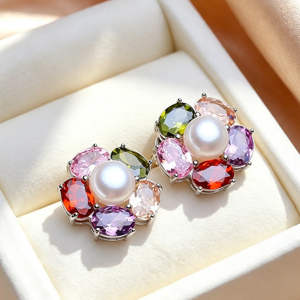FENASY Natural Freshwater Pearl Earrings Wedding Engagement Bohemian Party Flower Silver Color Stud Earrings