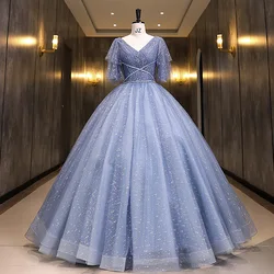 Simple V-neck Puffy Dresses For Prom Lace Floor-length Vestido De Debutante Elegant Shiny Tulle Graduation Dresses Customized