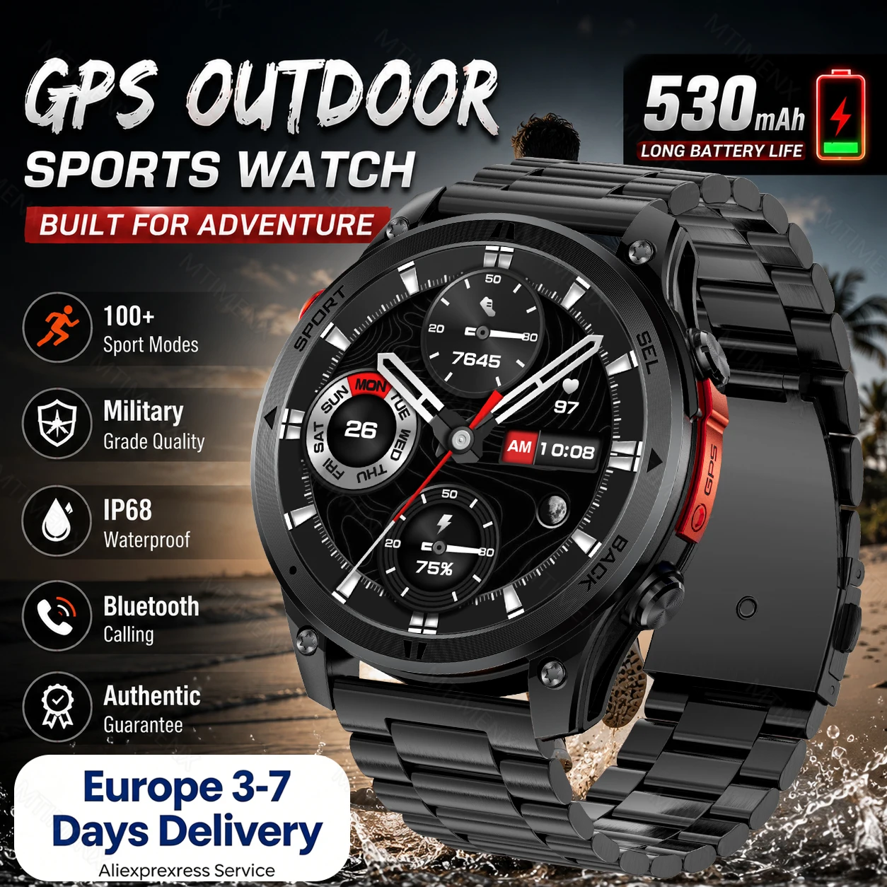 Smartwatch 2026 da uomo per escursioni all'aperto con GPS, impermeabile IP68, chiamate Bluetooth, ideale per escursioni, corsa e fitness