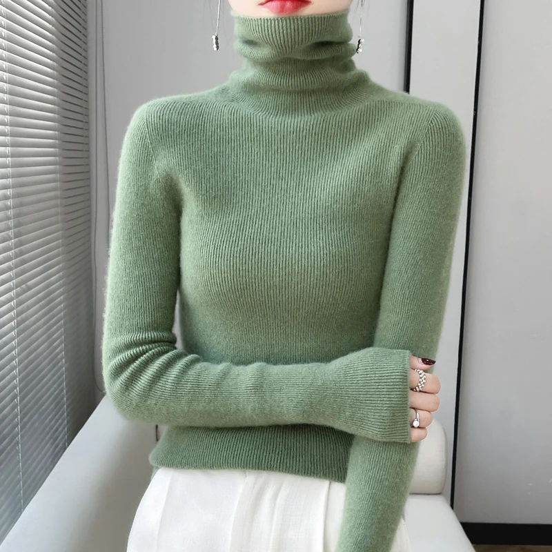 Women Heaps Collar Turtleneck Wool Sweaters Autumn Winter Slim Pullover Basic Tops Casual Soft Knit Sweater Elastic Warm Jumper