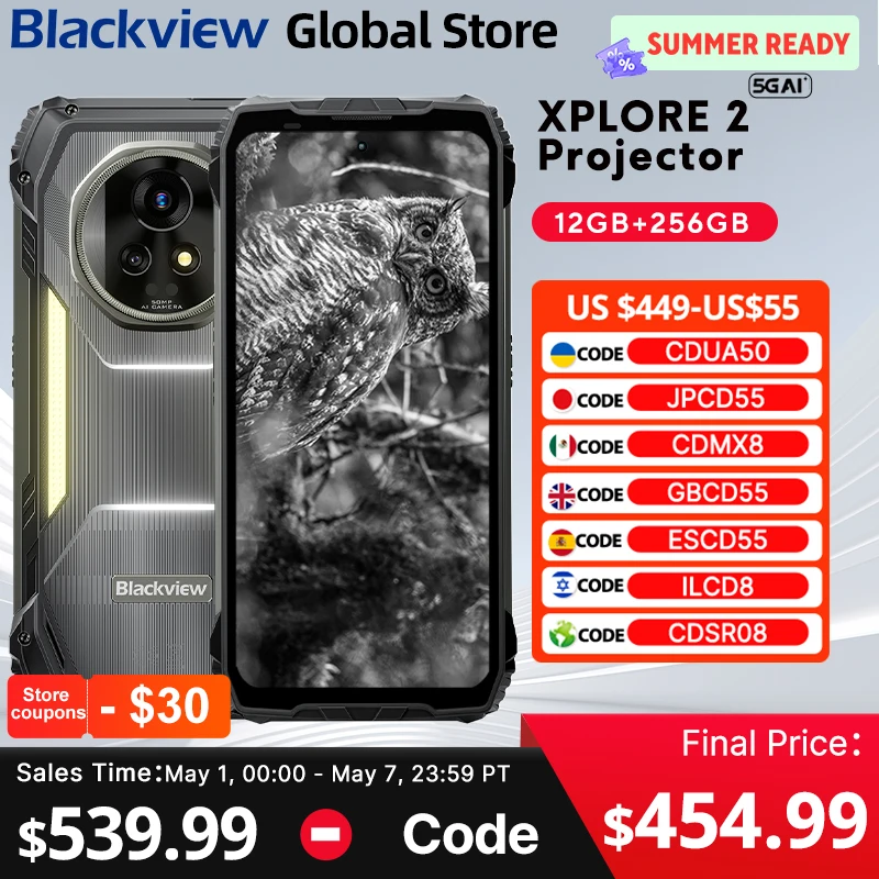 Blackview XPLORE 2 Projector 5G AI Rugged Phone 6.73” 3.2K AMOLED Display Dimensity 8300 20000mAh 120W Charger Cellphone