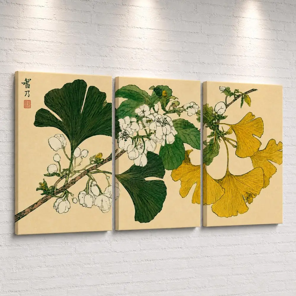 Ginkgo Flower Branch Art Framed Wall Painting Ready to Hang Canvas Poster for Bedroom Living Room Hallway Home Decor Gift